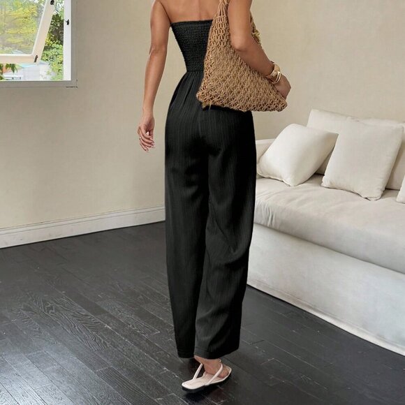 Black Casual Women's Shirred Tube Jumpsuit - Picture 3 of 7